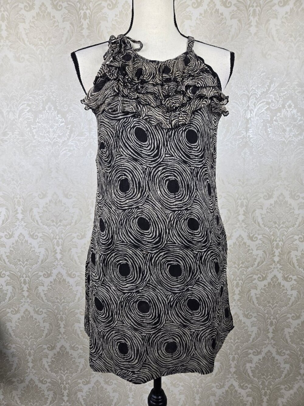 Elena Solano Size Medium 100% Silk Black Gray Halter Neck Shift Dress Tie Detail
